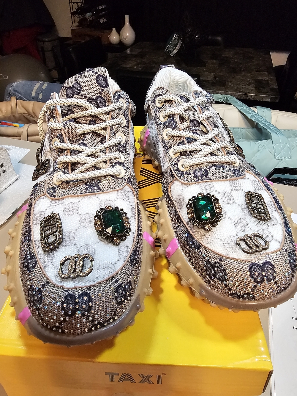 Women's Gemstone Embellished Trainer Sneakers - White & Tan